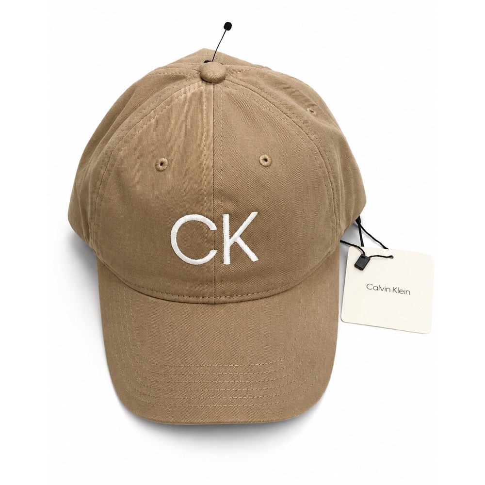 Calvin Klein Mens Tan Khaki Brown Cotton Twill CK Logo‎ Classic Baseball Cap Hat